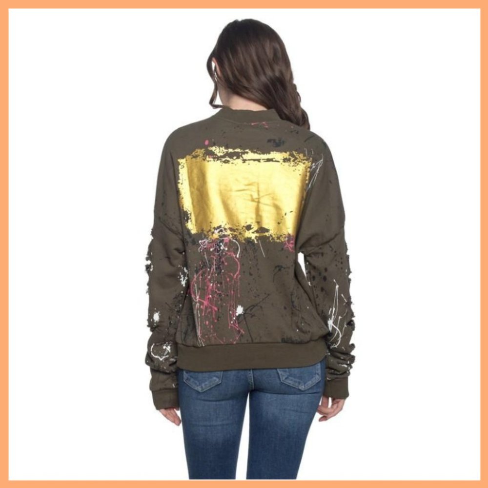 NWT Distressed Painted Sweatshirt (OIive Green) - Picture 2 of 4
